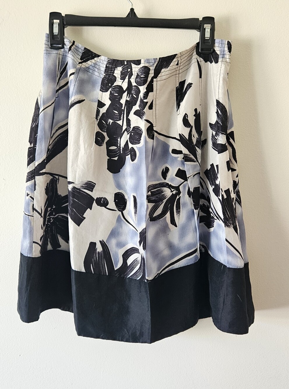 BCBGMaxAzria Silk Black, White & Light Blue Floral Circle Skirt